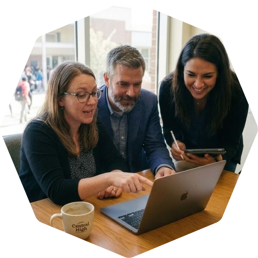 Team collaborating around a laptop